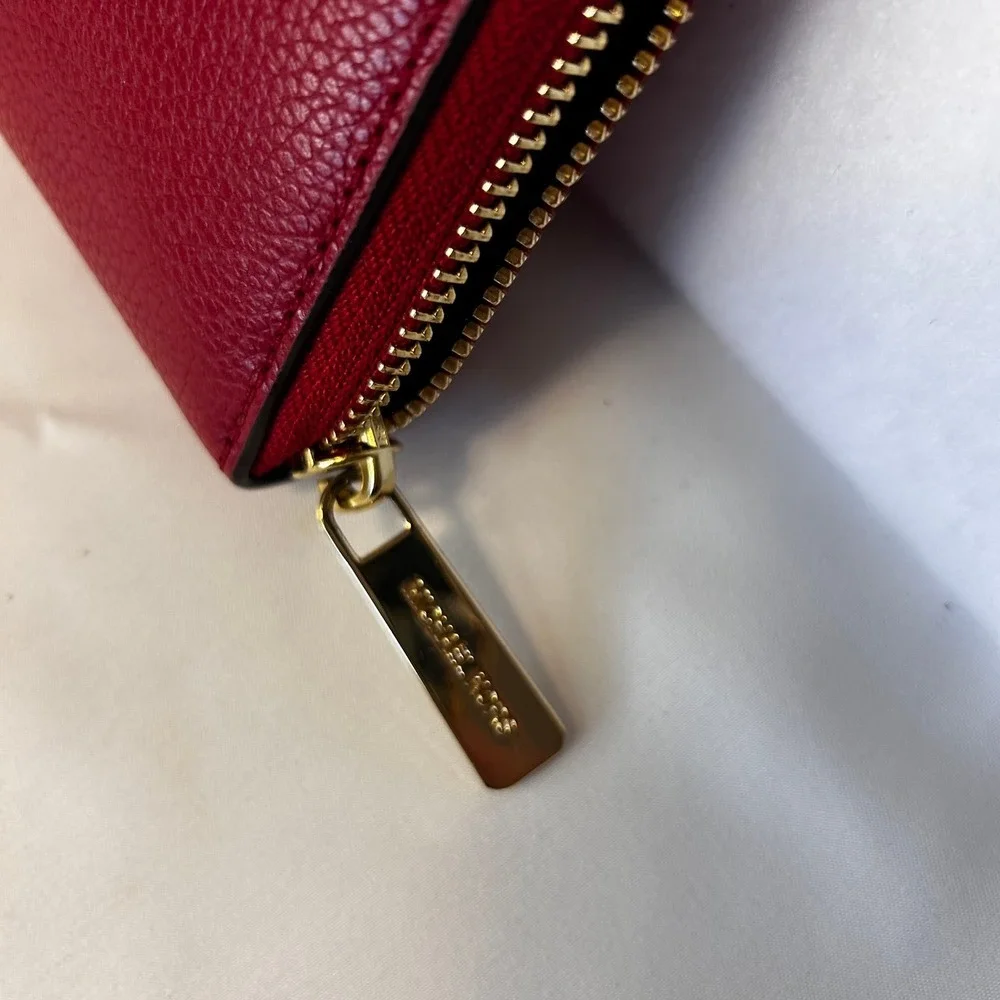 Michael Kors Scarlet Red Leather Zip Around Continental Wallet Gold Lock